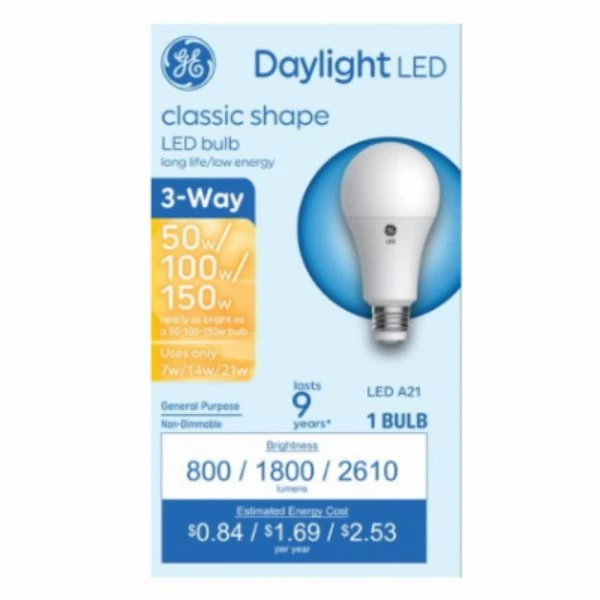 LED 3-Way Light Bulb, A21 Medium Base, Daylight, 7/14/21 Watt