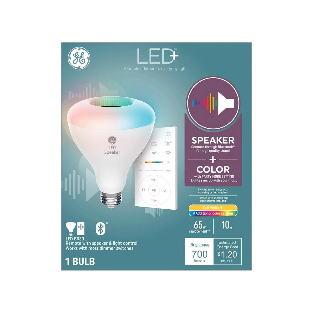 LED+ Speaker Light Bulb with Remote, Multicolor Syncs to Music, BR30, 10 Watt