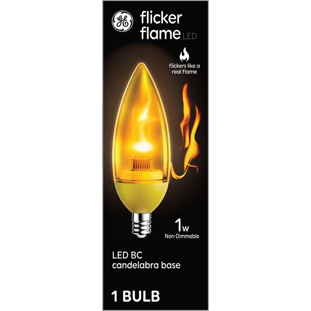 LED Bullet Shape Light Bulb, Flicker Flame, Candelabra Base, 1 Watt