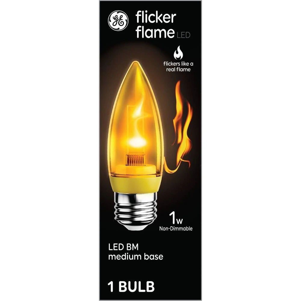 Flicker Flame Deco Bulb, Blunt Tip, Clear, Medium Base, 1 Watt