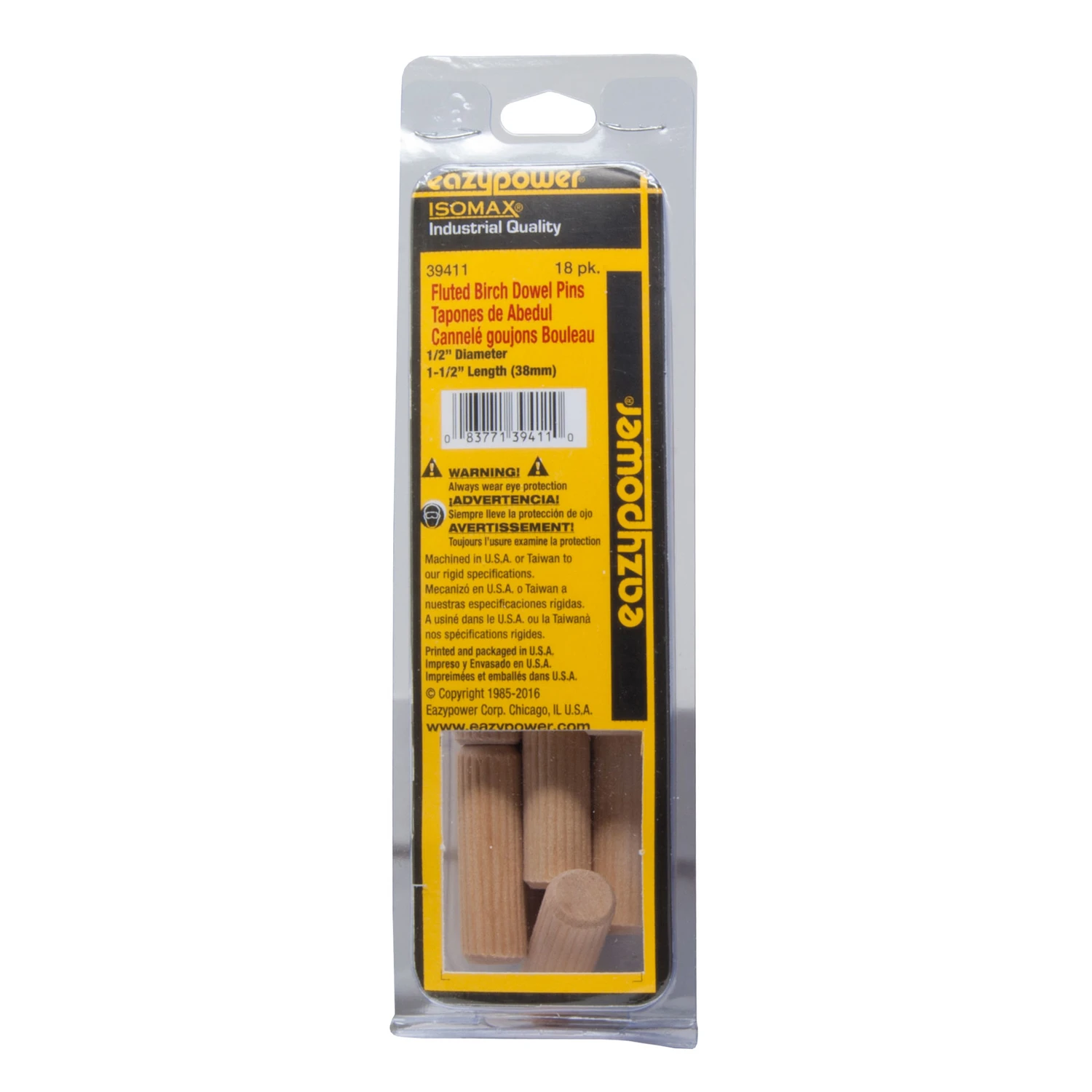 Dowel Pin, Fluted, 1/2 x 1-1/2-In., 18-Pk.