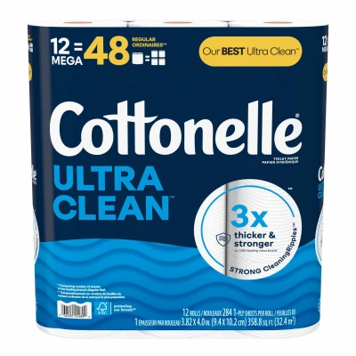Ultra CleanCare Toilet Paper, 284 Strong Sheets Per Mega Rolls, 12-Pk.