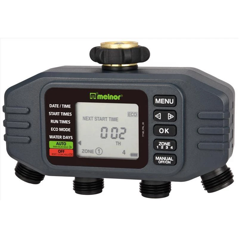 Melnor 4‑Zone Digital Water Timer with Battery Backup & Rain Delay