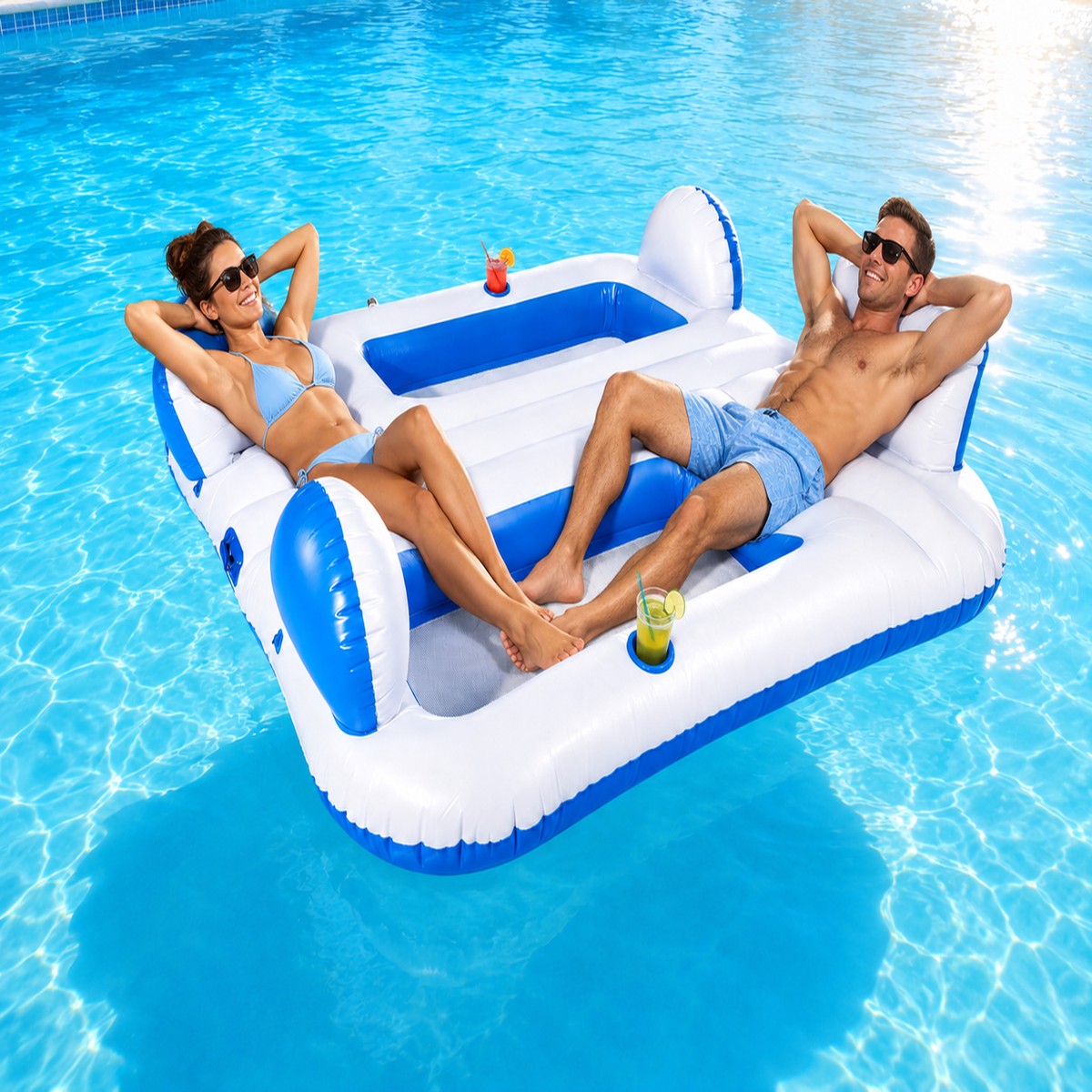 Aqua Deluxe Duo Inflatable Island Lounger with Cooling Mesh Center & Backrests