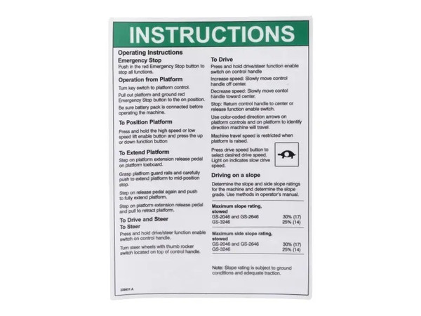 JLG Part # GN228931GT | GN-DECAL, INSTRUCTIONS, GS46, EA
