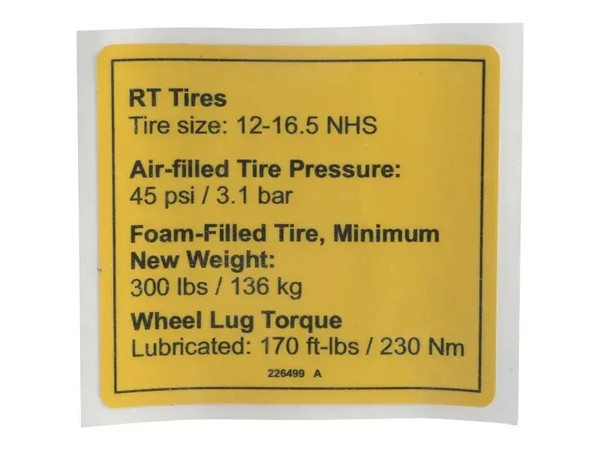 JLG Part # GN226499GT | GN-DECAL, NOTICE TIRE PRESSURE, EA