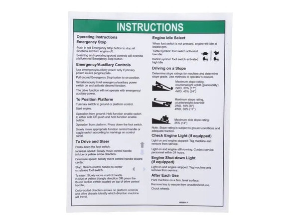 JLG Part # GN1000014GT | GN-DECAL, OPERATING INSTRUCT, EA