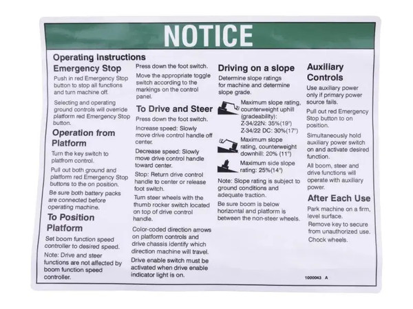 JLG Part # GN1000043 | GN-DECAL, NOTICE OPER INST, EA