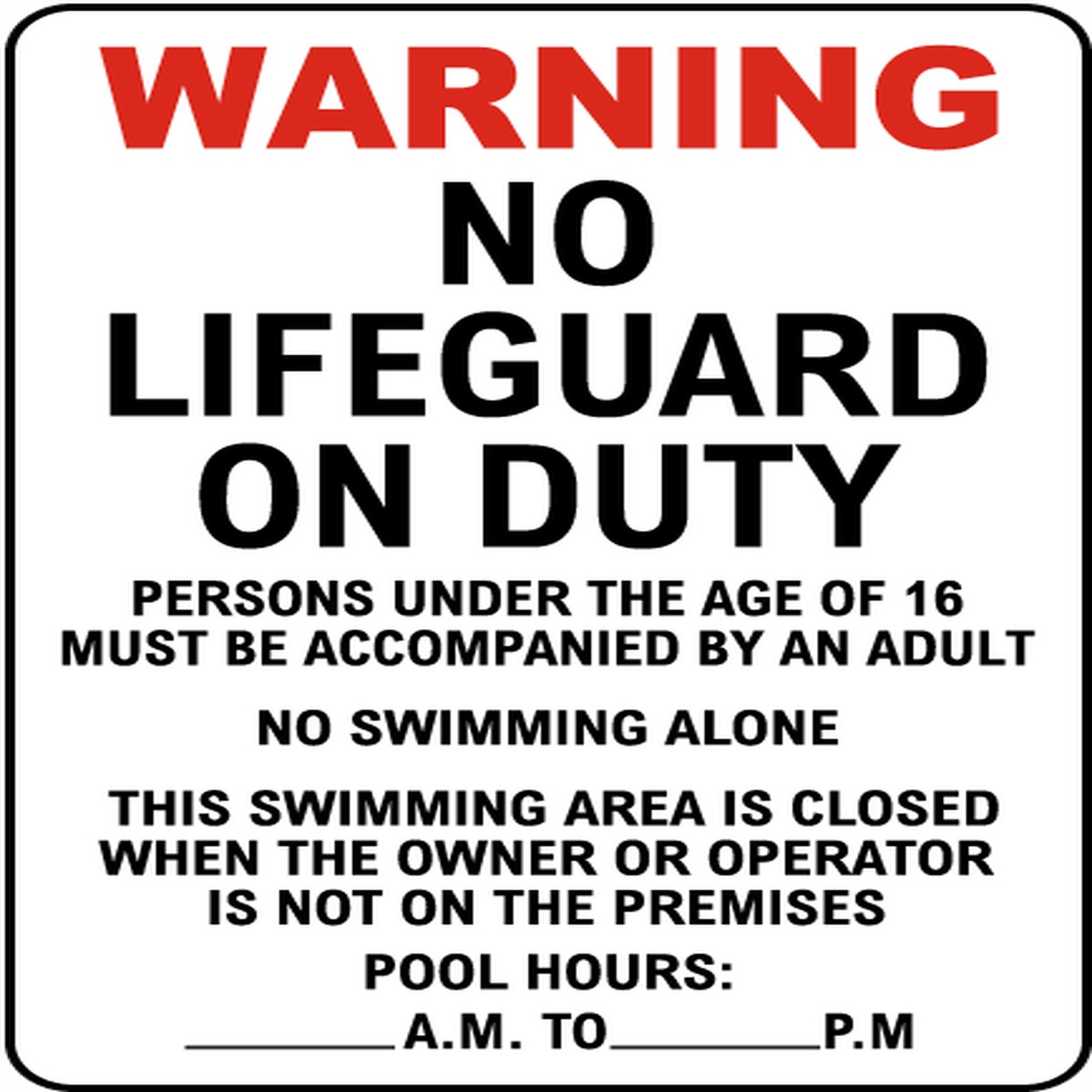 NJ-Compliant NO LIFEGUARD ON DUTY Sign for Pools & Hotels