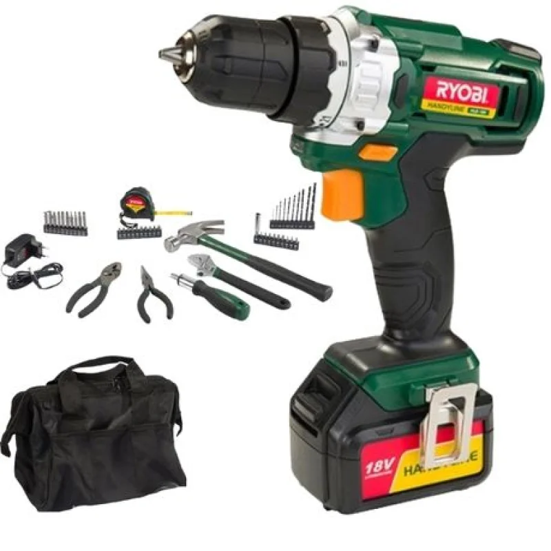 Ryobi drill cordless 10mm 18V Li-ion + 70 pcs accessories